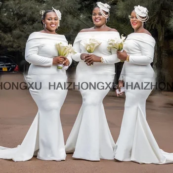 Белые платья подружек невесты с длинными рукавами и открытыми плечами, женское свадебное платье подружки невесты большого размера