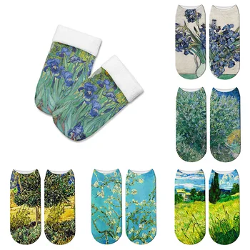 Новые модные милые носки с 3D принтом подсолнуха, женские носки до щиколотки, классические носки с растительной масляной росписью, носки с абстрактным искусством, женские носки маслом