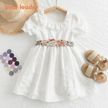 Bear Leader, Летнее платье для девочек, платья для малышей с принтом на поясе, Милое белое платье для маленьких девочек, Одежда для дня рождения, Бутик одежды для младенцев