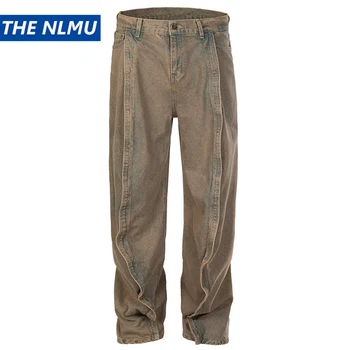 Винтажные мешковатые джинсы, роскошные дизайнерские мужские джинсы, плиссированные Свободные джинсовые брюки, уличная одежда Harajuku в стиле хип-хоп, джинсы Y2K в стиле ретро