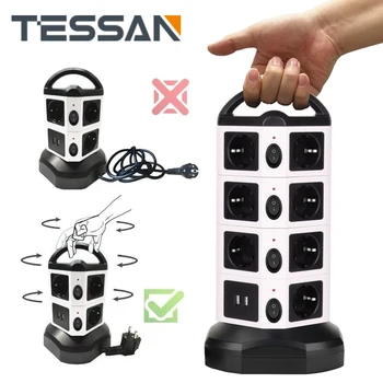 Вертикальная розетка TESSAN EU Plug Tower Power Strip с 6/10/14 розетками и 4 USB-портами с индивидуальными переключателями, Выдвижной удлинитель длиной 2 м
