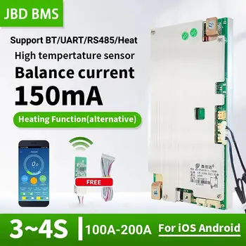 JBD Smart BMS 3S 4S 12V Литий-ионный Lifepo4 Bms 100A 120A 150A 200A Нагревательный UART RS485 Функциональный Баланс Литиевой Батареи