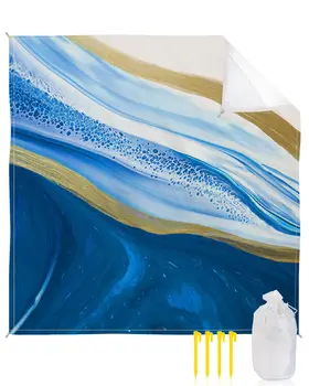 Пляжное одеяло, омбре сине-желтое, пескостойкое, водонепроницаемое пляжное одеяло для кемпинга, травы, пляжа с друзьями с градиентным мраморным рисунком