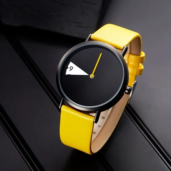 Нишевые часы Женские концептуальные наручные часы с указательным циферблатом Женские часы с вращающимся желтым кожаным ремешком Наручные часы Женские