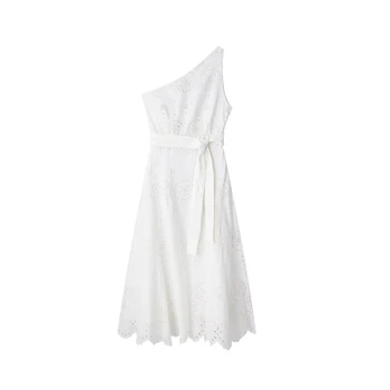 Лето для женских платьев Белое платье Миди с вышивкой, Однотонное асимметричное бандажное платье Vestidos Mujer для вечеринок, Сексуальное женское платье traf
