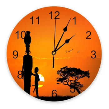 Закат Африканская женщина Ребенок Силуэты деревьев Настенные часы Современный дизайн Декор гостиной Настенные часы Домашний декор Настенные цифровые часы