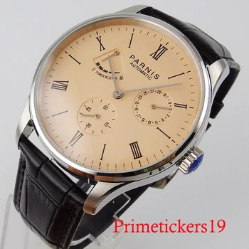 Механические автоматические наручные часы PARNIS, кожаный ремешок с кристаллами, круглая автоматическая дата, корпус из нержавеющей стали, индикатор запаса хода.