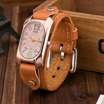 Кварцевые часы из искусственной кожи, женские многоцветные шкалы времени, аналоговые кварцевые наручные часы, часы прямоугольной формы, женские часы для платья