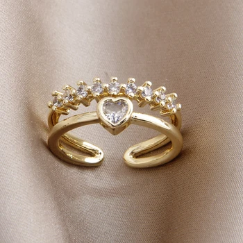 2023 Новое поступление, Регулируемые кольца с циркониевым сердечком для женщин, Изысканные Ювелирные изделия из 14-каратного золота, свадебные двухслойные кольца с кристаллами
