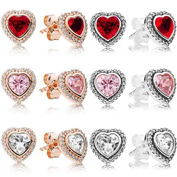 Аутентичная серьга из стерлингового серебра 925 пробы, Сверкающее Розовое Сердечко Любви с красным кристаллом, Серьга-гвоздик для женщин, подарок, Модные украшения