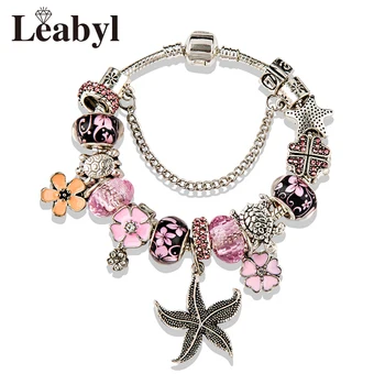 Серебряный браслет-оберег в виде морской звезды с черепахой, розовый Цветок, браслеты из бисера, ювелирные изделия