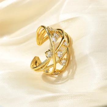 Обручальное кольцо золотого цвета Простое геометрическое Полое Металлическое Многослойное кольцо с обмоткой из Циркона Модные Украшения для вечеринок Аксессуары Оптом