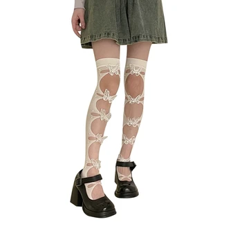 Xingqing Женские носки выше икр 2000-х годов, чулки до колена с цветочным вырезом и 3D бабочкой, Летние Модные Чулки в стиле Лолиты