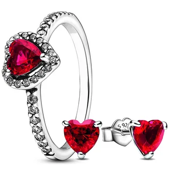 Подлинное кольцо из Стерлингового Серебра 925 Пробы с красным Сердечком, серьги с кристаллами для женщин, подарок на День Рождения, Популярные украшения своими руками