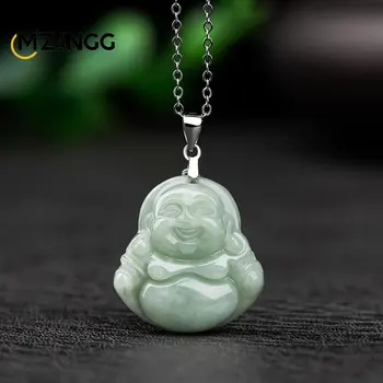 Серебряное ожерелье S925 Натуральный Мьянманский Жадеит A Goods Светло-Зеленый Маленький Будда Гонг Ледяной Кулон Из Жадеита Для Мужчин и Женщин