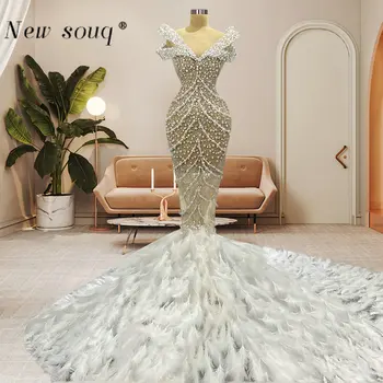 Роскошные свадебные платья русалки из Дубая с жемчугом, бисером и перьями для невесты с V-образным вырезом и открытыми плечами, свадебные платья на заказ