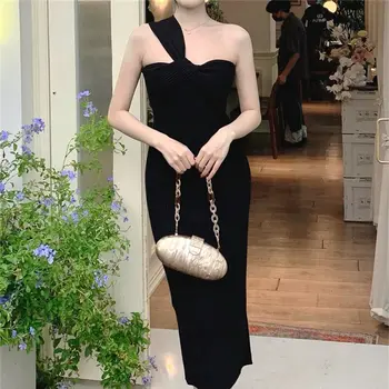 Французский Элегантный облегающий халат с открытыми плечами и рюшами на спине 2023, Женская вечерняя одежда для вечеринок, Асимметричное трикотажное платье Миди P577
