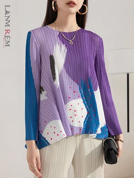 Женская плиссированная футболка с принтом LANMREM, новинка весны 2023, Топы с круглым вырезом и длинными рукавами в цветном блоке, женская одежда Tide 2YA732