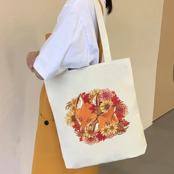 Женская сумка для покупок из бакалеи, дорожная сумка с цветочным принтом и лисой, многоразовые сумки для покупок, складная тканевая сумка через плечо, женская сумка-тоут