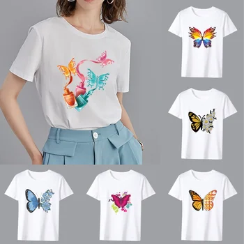 Модная футболка, женская одежда, летние универсальные топы с короткими рукавами, серия повседневных удобных футболок с рисунком бабочки, одежда