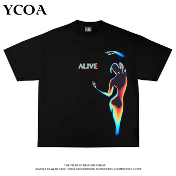 Мужская футболка Оверсайз в стиле хип-хоп, уличная одежда с графическим рисунком, Свободные хлопковые топы Y2k, футболки, Черная корейская мода, эстетичная одежда