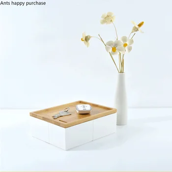 Пластиковый ящик для хранения с деревянной крышкой, Белая прямоугольная коробка для хранения мелочей, сменный диск для ключей, резервуар для хранения домашнего настольного органайзера