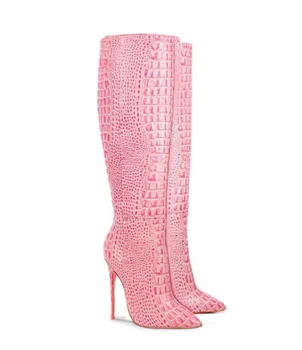 Розовая кожа с крокодиловым узором, Острый носок, Шпилька, Сапоги до колена на высоком каблуке, Женские зимние Пикантные Модные длинные сапоги с боковой молнией