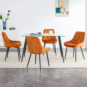 Кухня-столовая, Металлические ножки, Стеклянный стол, комплект из 4 предметов, обеденные стулья из оранжевой бархатной ткани Для гостиной, мебель для ресторана